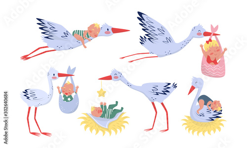 Storks And Cute Newborn Boys And Girls In Colored Overalls Vector Illustration Set Isolated On White Background