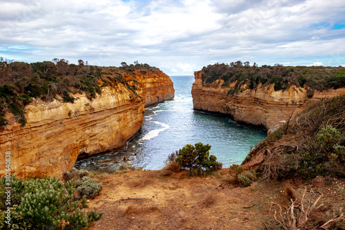 Panoramic view of Loch Ard Gorge. Scenic landscape. Landmark of Great Ocean Road. Port Campbell National Park, Victoria, Australia