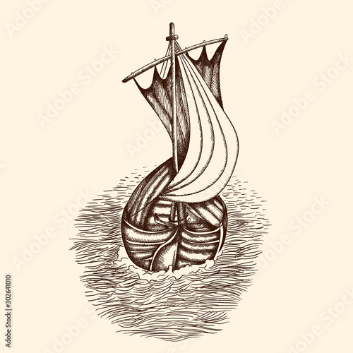 Old wooden boat with a mast and sail on the sea waves. Simple hand drawing.