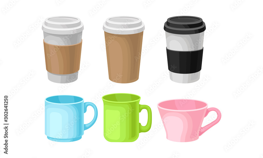 Bright Colorful Tea And Coffee Cups Of Different Design Vector Illustration Set Bright Colorful Tea And Coffee Cups Of Different Design Vector Illustration Set