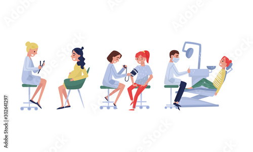 People Undergoing Medical Examination At Different Doctors Vector Illustration Set Isolated On White Background
