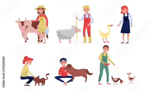 Cartoon Happy Farmers With Animals And Cattle Vector Illustration Set Isolated On White Background