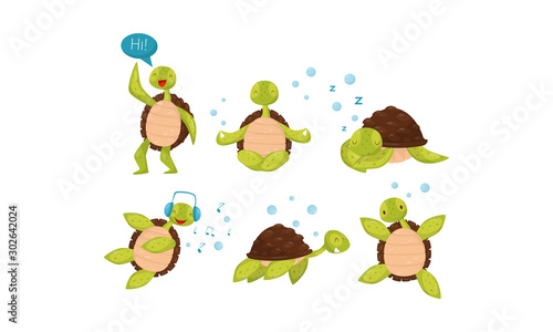 Set With Cute Baby Turtles In Different Active Poses Vector Illustration Cartoon Character