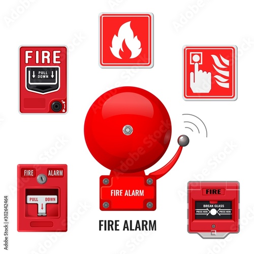 Fire alarm system icons set. Red ringing bell. Vector illustration