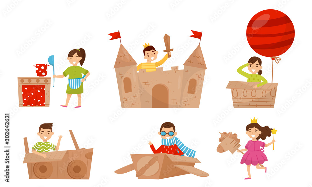 Children play with cardboard items. Vector illustration.