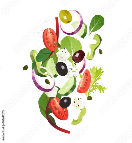 Greek salad common ingredients, sliced vegetables, leafy greens, feta cheese. Food concept illustration