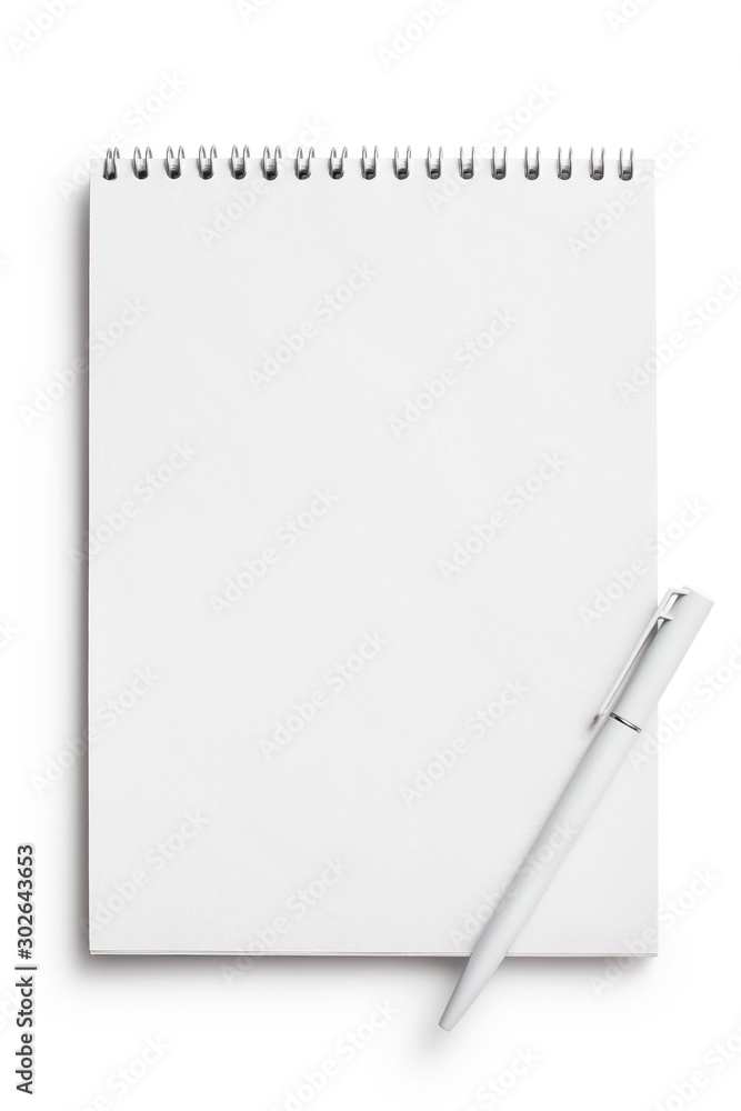 White notepad with a pen, isolated on white background