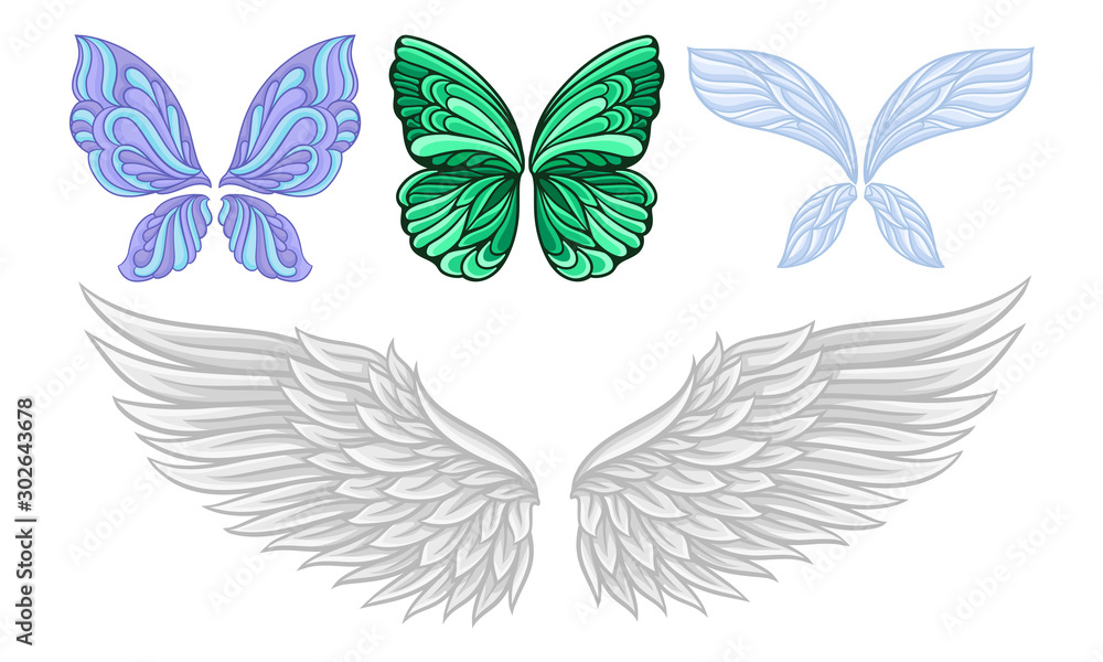 Set of wings of different butterflies and a swan. Vector illustration.
