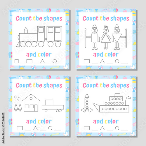 Recognize and count geometric shapes math game set. Addition Mathematical Puzzle. Coloring Page. Vector Illustration.