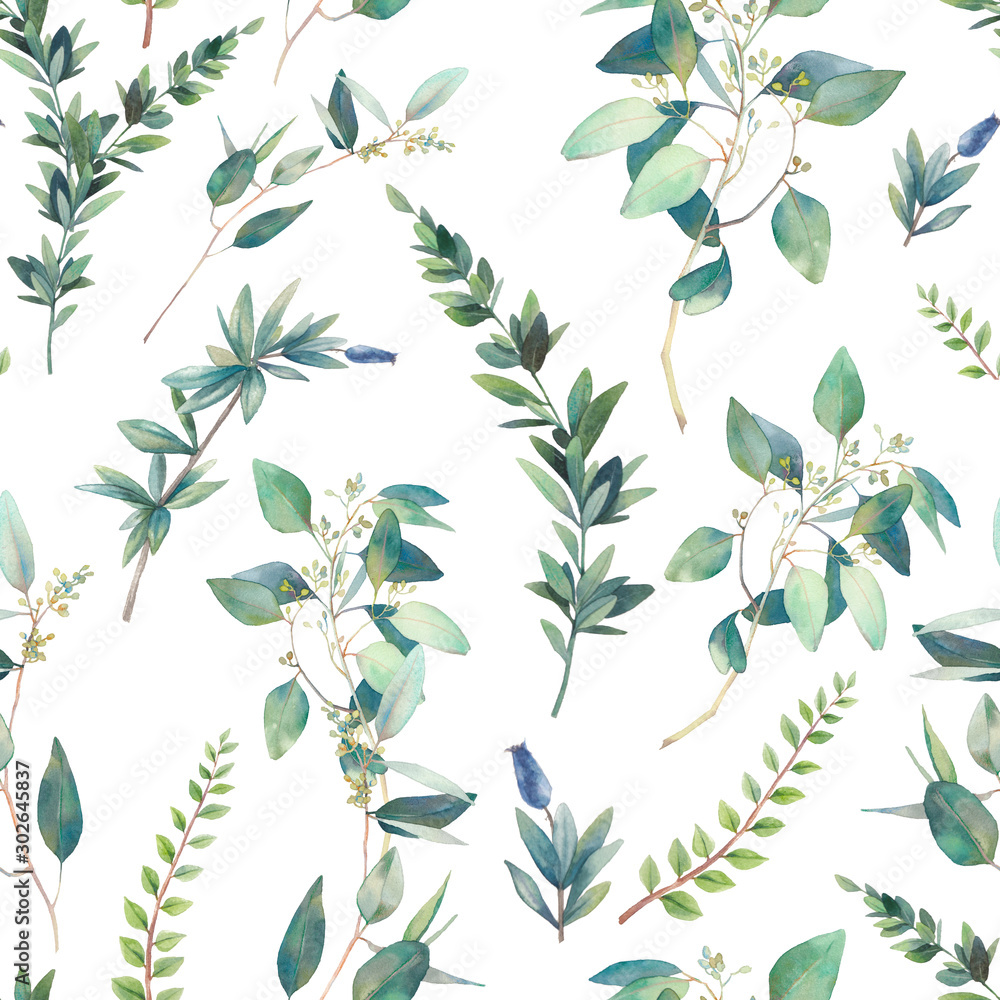 Floral seamless pattern. Watercolor plants texture. Branches and green leaves on white background. - obrazy, fototapety, plakaty 