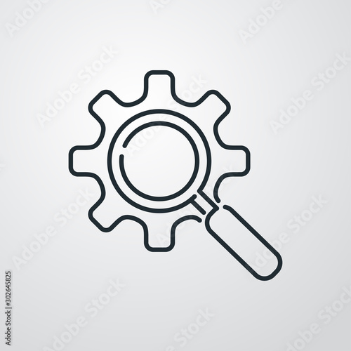 Icono plano lineal engranaje con lupa en fondo gris