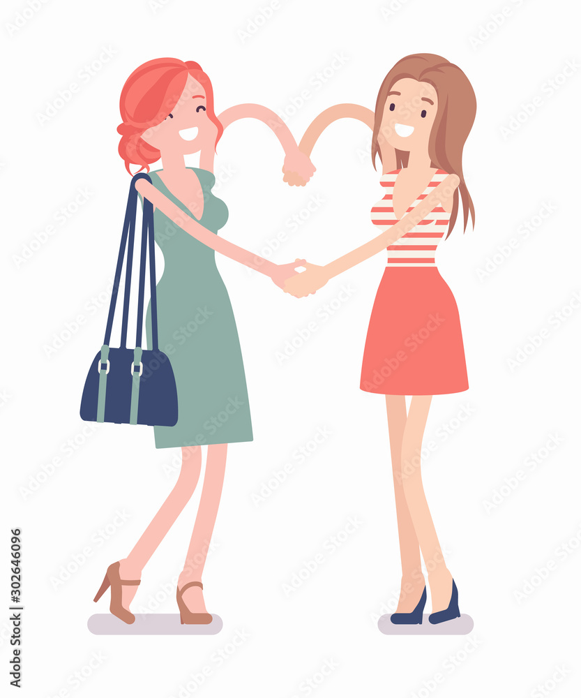 Female friendship hand heart gesture. Happy young girls enjoy fun, companions, close friends in romantic or good relationship, smiling girlfriends together. Vector flat style cartoon illustration Female friendship hand heart gesture. Happy young girls enjoy fun, companions, close friends in romantic or good relationship, smiling girlfriends together. Vector flat style cartoon illustration