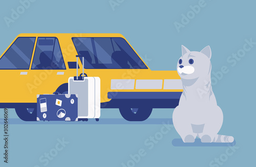 Car travel, road trip with pet cat. Cute kitten fears auto riding, owners moving and leaving lonely pet behind or in boarding kennel, going on vacation together. Vector illustration