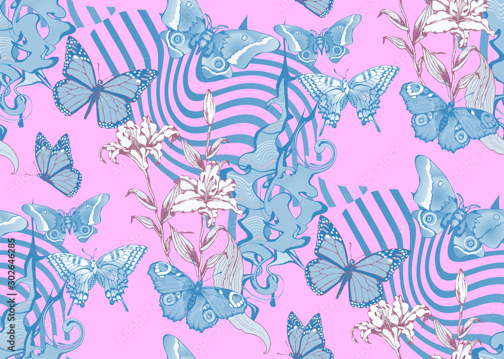 Fantastic flowers and butterflies. Seamless pattern. Vector illustration. Suitable for fabric, wrapping paper and the like