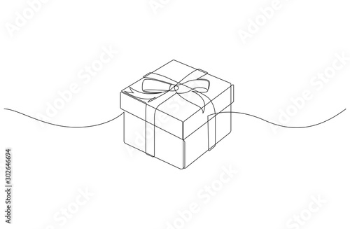 Continuous line drawing of gift box with ribbon bow. Template for your design works. Vector illustration.