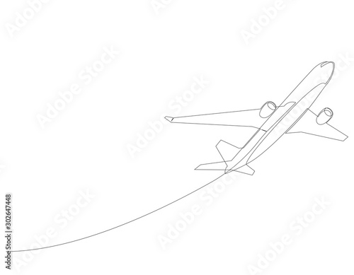one line drawing of isolated vector object - passenger airplane