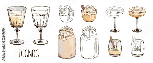 Set of hand drawn vector images in pastel colors isolated on white. Eggnog. Traditional Christmas drinks, beverages. Contour and color. Design of cocktails for menu decoration. New Year mood board