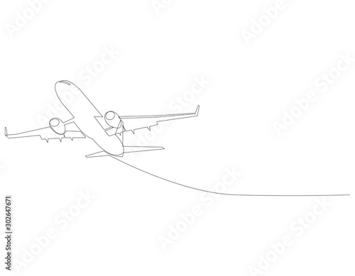 one line drawing of isolated vector object - passenger airplane