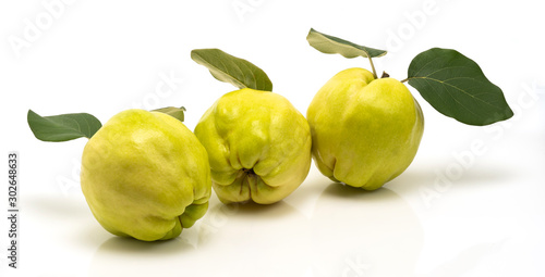 Group of ripe yellow quinces isolated on white background.