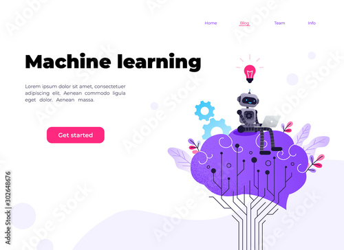 Machine learning vector website template, landing page design for website and mobile site development. Artificial intelligence, robotics, cyber mind technology concept with robot character