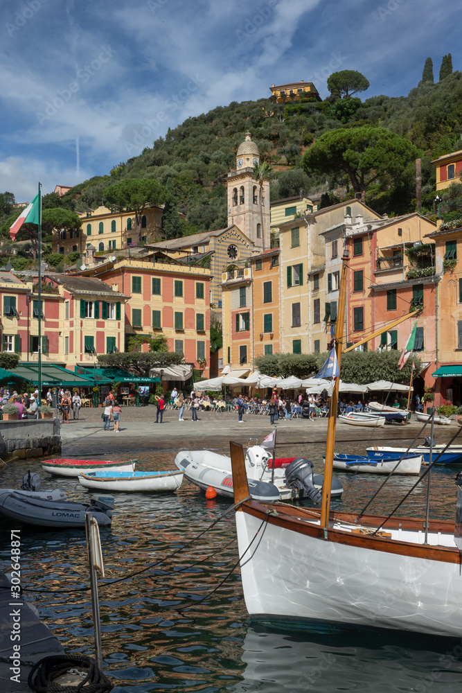 Portofino Ligurie Italy. Mediterranean Sea and coast. Harbor. Boats. Bay