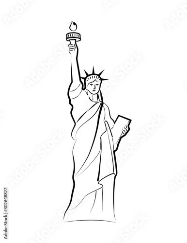The Statue of Liberty on Liberty Island in NYC. Vector drawing, doodle, freehand sketch or illustration. Simple, minimalist, one line illustration. White background, black, white. Worm's-eye view.