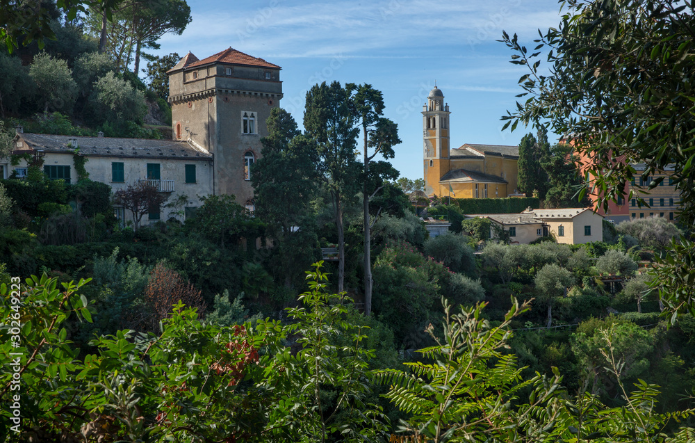 Portofino Ligurie Italy. Mediterranean Sea and coast. Church tower