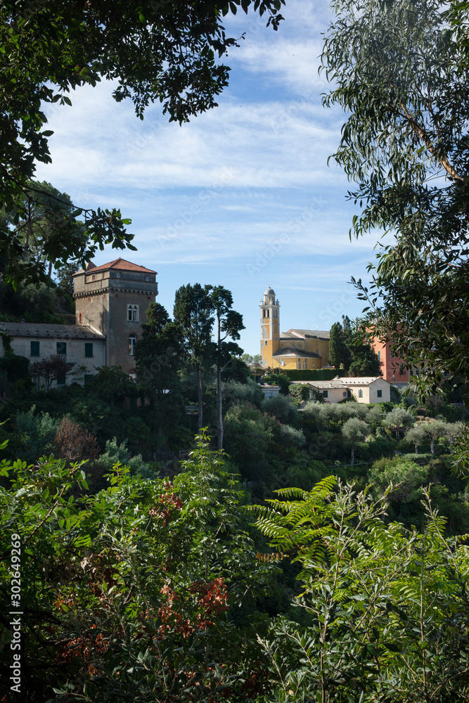 Portofino Ligurie Italy. Mediterranean Sea and coast. Church tower