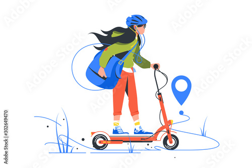 NY delivery of young girl on kick scooter using bag.