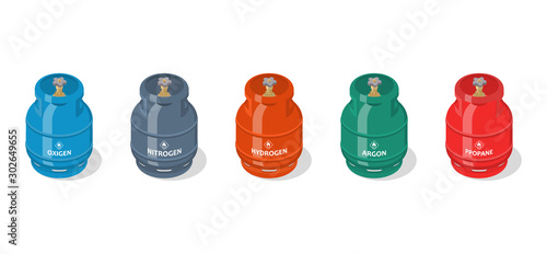 Set of metal containers or cylinders with liquefied compressed natural gases. Gas tanks balloons of various color isolated on white background. Isometric vector illustration.
