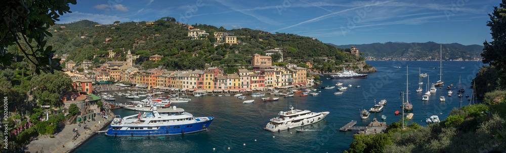 Portofino Ligurie Italy. Mediterranean Sea and coast. Harbor. Boats and superyacht. Panorama. Bay. Ligurian Sea
