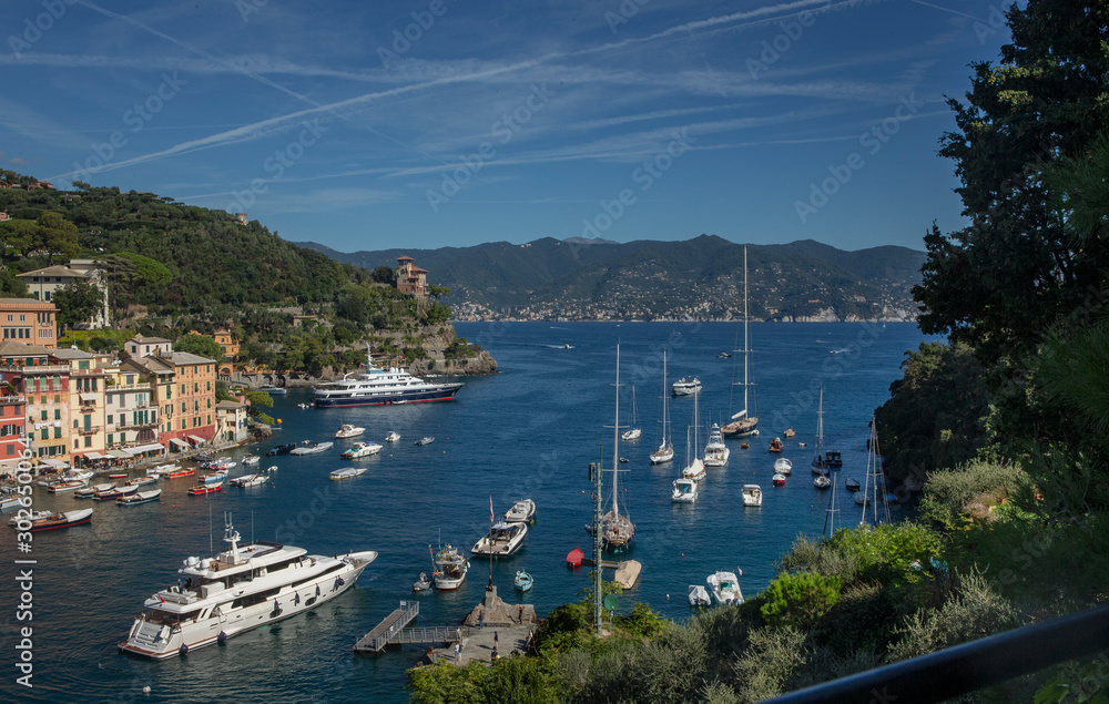 Portofino Ligurie Italy. Mediterranean Sea and coast. Harbor. Boats and superyacht