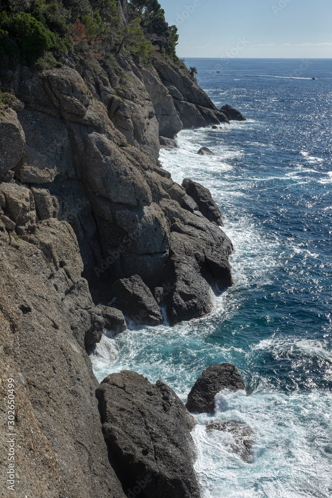 Portofino Ligurie Italy. Mediterranean Sea. Rocks and coast. wavws
