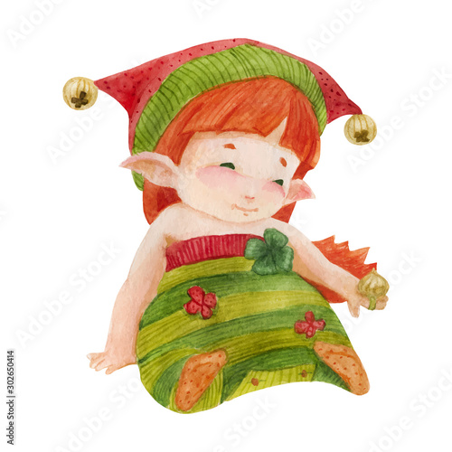 Christmas elf story, elf girl princess with sweet ring, traced watercolor