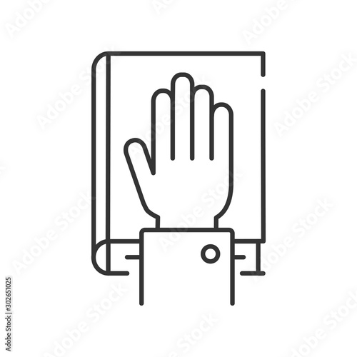 Give oath line black icon. Palm on Holy Bible. Judiciary concept. Sign for web page, mobile app, button, logo.