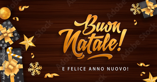 Buon Natale - Merry christmas in Italian language red wood card template glitter gold elements, snowflakes, stars and calligraphy