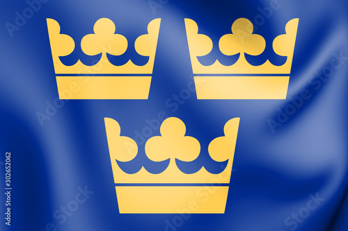 3D Sweden coat of arms. Three Crowns. National Emblem of Sweden. 3D Illustration.