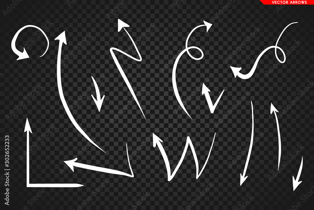 Arrows vector. Hand drawn arrows isolated on dark transoarent background.