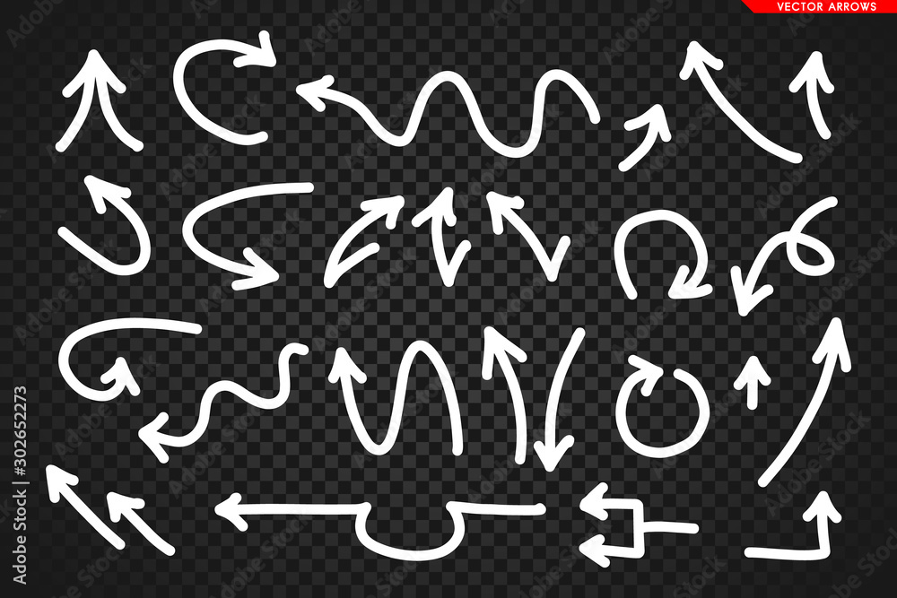 Arrows vector. Hand drawn arrows isolated on dark transoarent background.