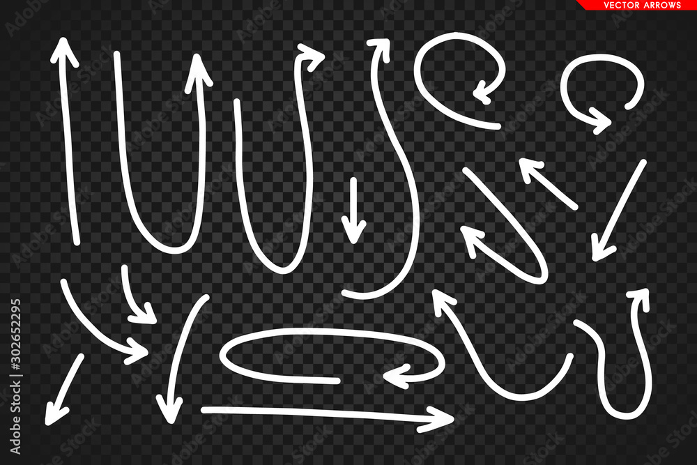 Arrows vector. Hand drawn arrows isolated on dark transoarent background.