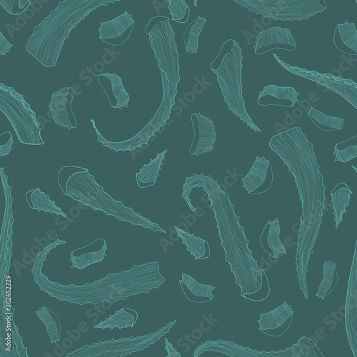 Aloe vera hand drawn vector seamless pattern in line art style. Health Care herbs repeated background on dark green background. Botanical illustration best for print, packing and textiles design.