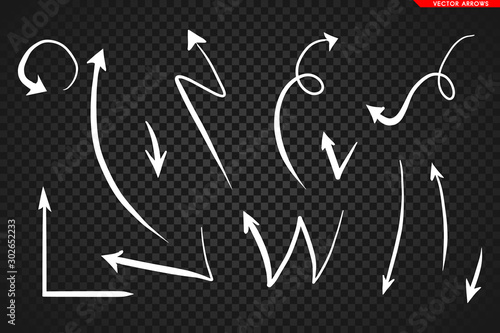 Obraz na płótnie Arrows vector. Hand drawn arrows isolated on dark transoarent background. w salonie