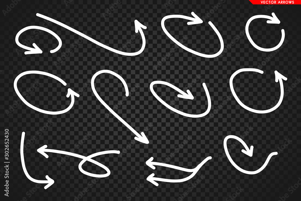 Arrows vector. Hand drawn arrows isolated on dark transoarent background.