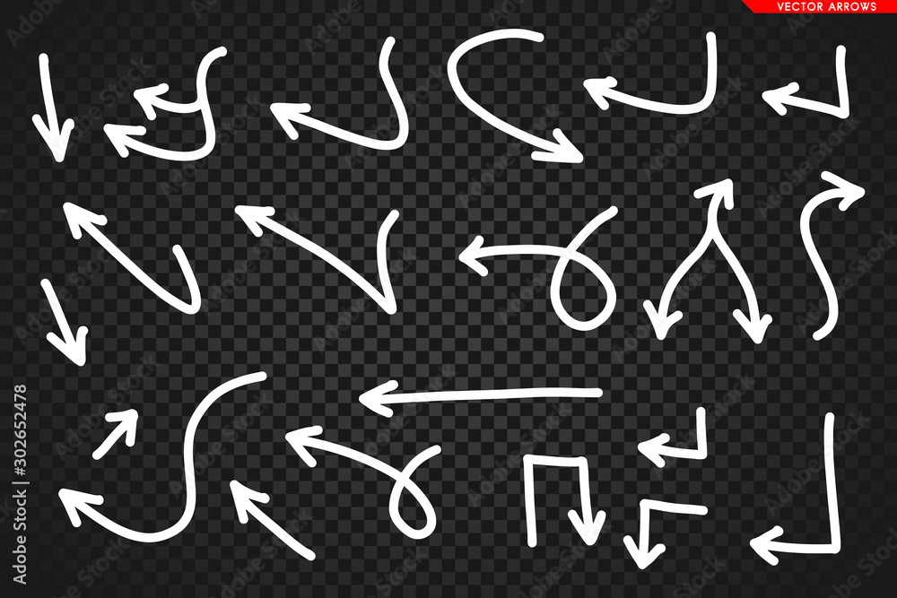 Arrows vector. Hand drawn arrows isolated on dark transoarent background.