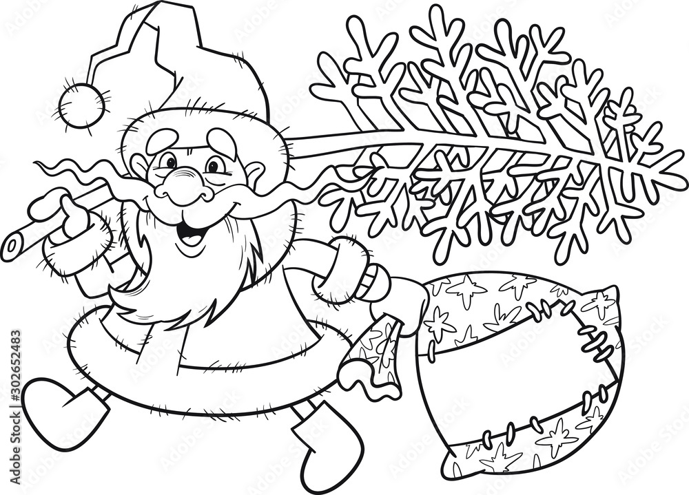 Fototapeta premium Coloring book for children, Santa Claus, with a Christmas tree and a bag of gifts. Cartoon character.