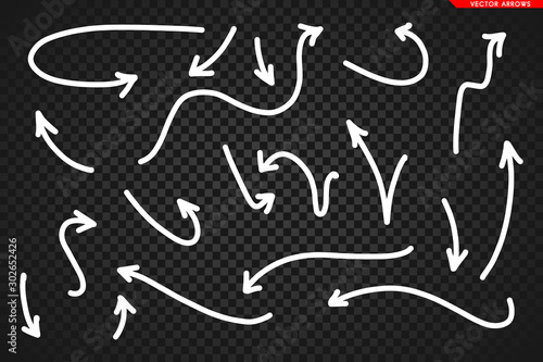 Obraz na płótnie Arrows vector. Hand drawn arrows isolated on dark transoarent background. w salonie
