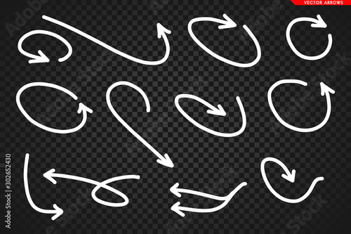 Obraz na płótnie Arrows vector. Hand drawn arrows isolated on dark transoarent background. w salonie