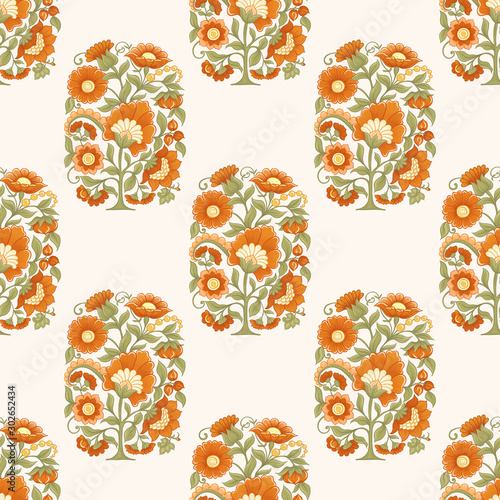 Tradition mughal motif, fantasy flowers in retro, vintage style. Seamless pattern, background. Vector illustration in beige and orange colors..