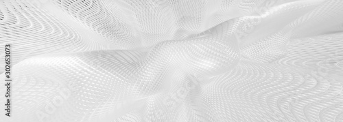 3d ILLUSTRATION, of abstract background, white METAL MESH texture, wide panoramic for wallpaper