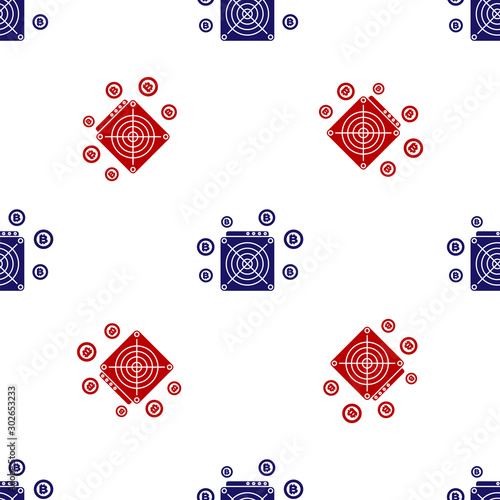 Blue and red ASIC Miner icon isolated seamless pattern on white background. Cryptocurrency mining equipment and hardware. Application specific integrated circuit. Vector Illustration